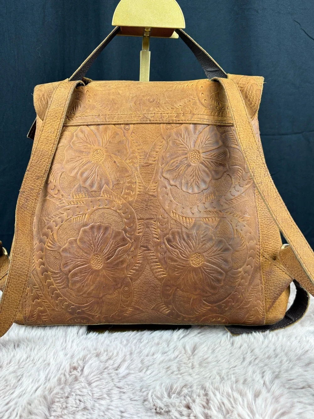 Hand Tooled Vintage Leather Backpack Purse Floral Western Boho Handbag
